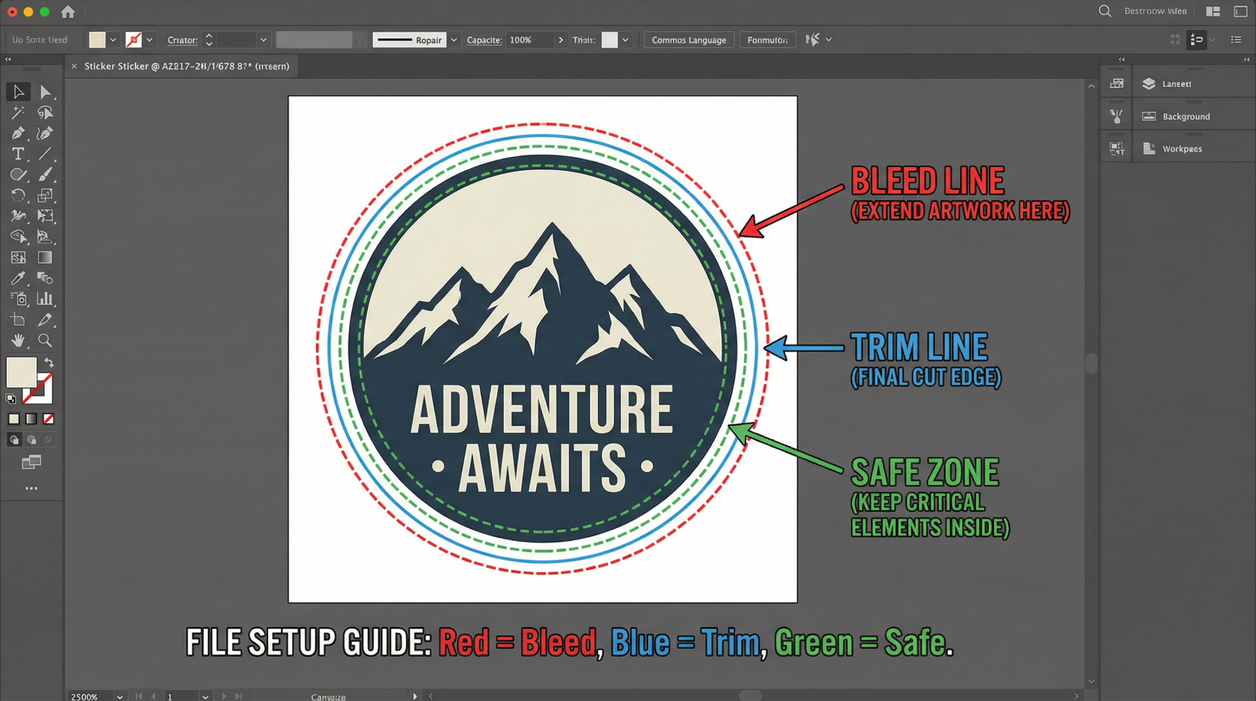 Annotated sticker design file showing bleed area, trim line, and safe zone for print-ready artwork.
