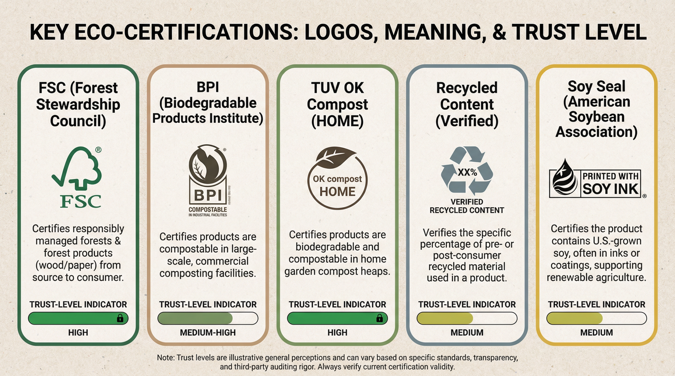 Infographic showing five key eco-friendly sticker certifications: FSC, BPI, TUV, Recycled Content, and Soy Seal.