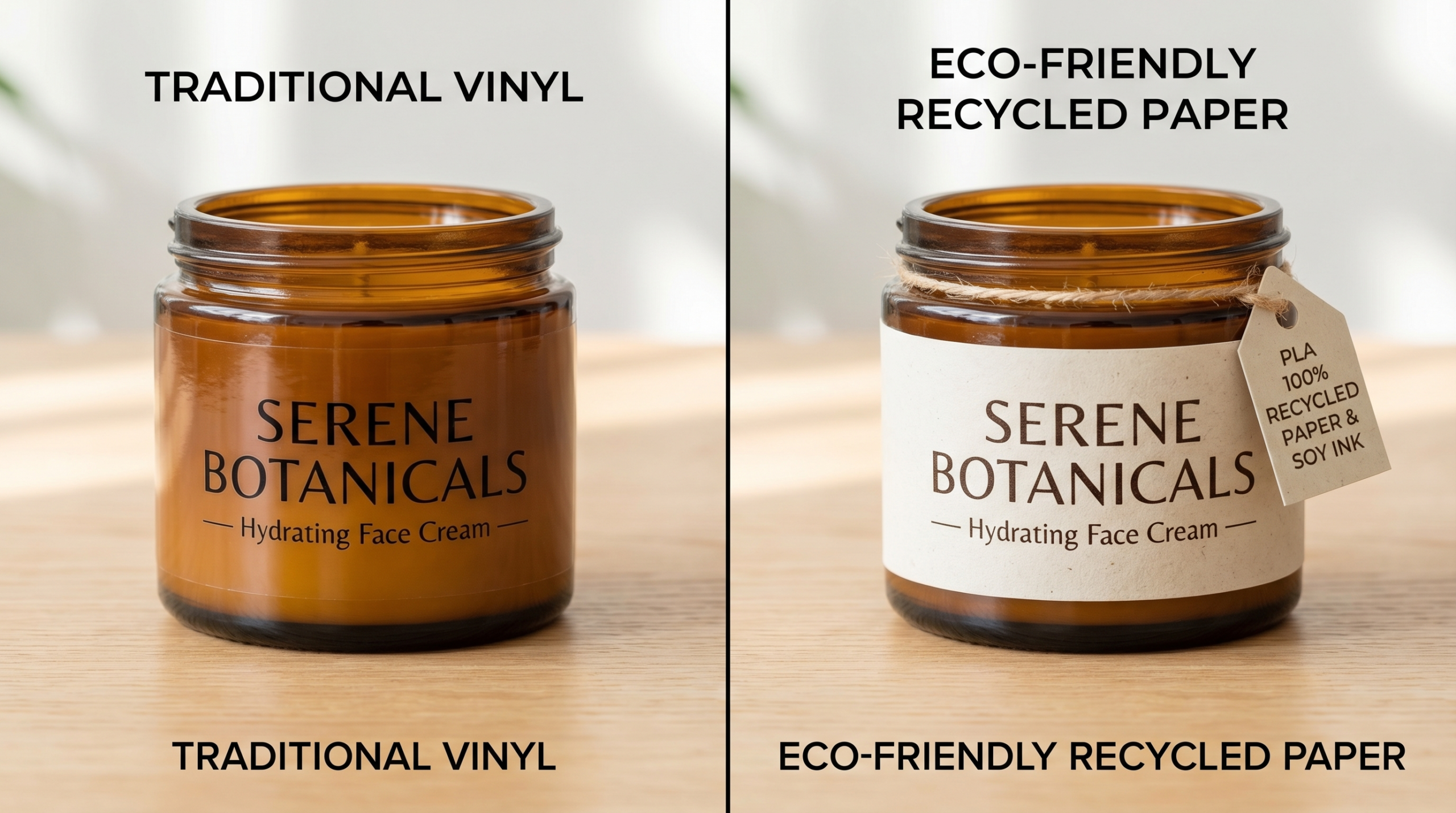 Side-by-side comparison of product packaging with traditional vinyl label versus eco-friendly recycled paper label.