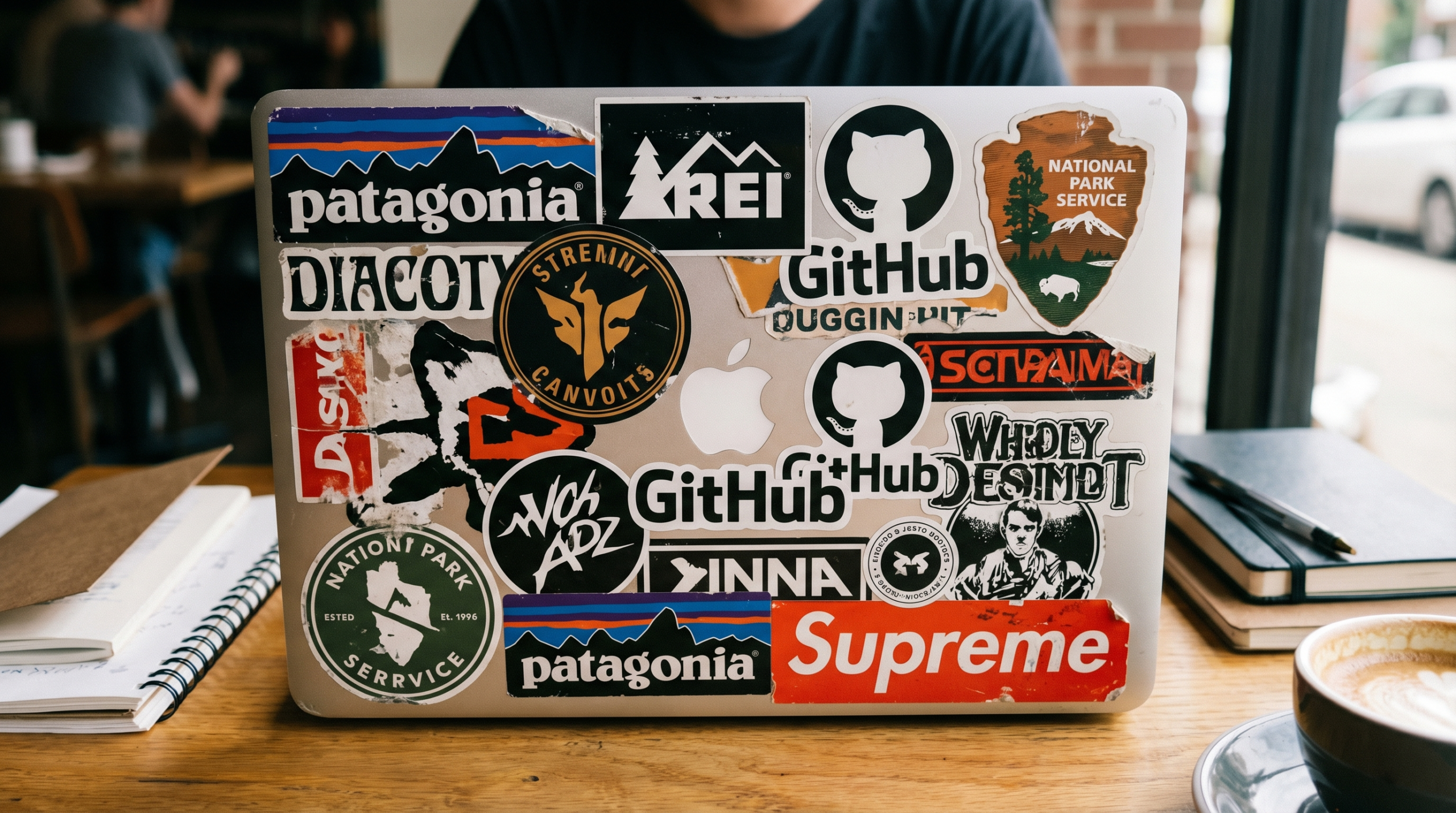 Open laptop lid decorated with custom stickers in various sizes and shapes.