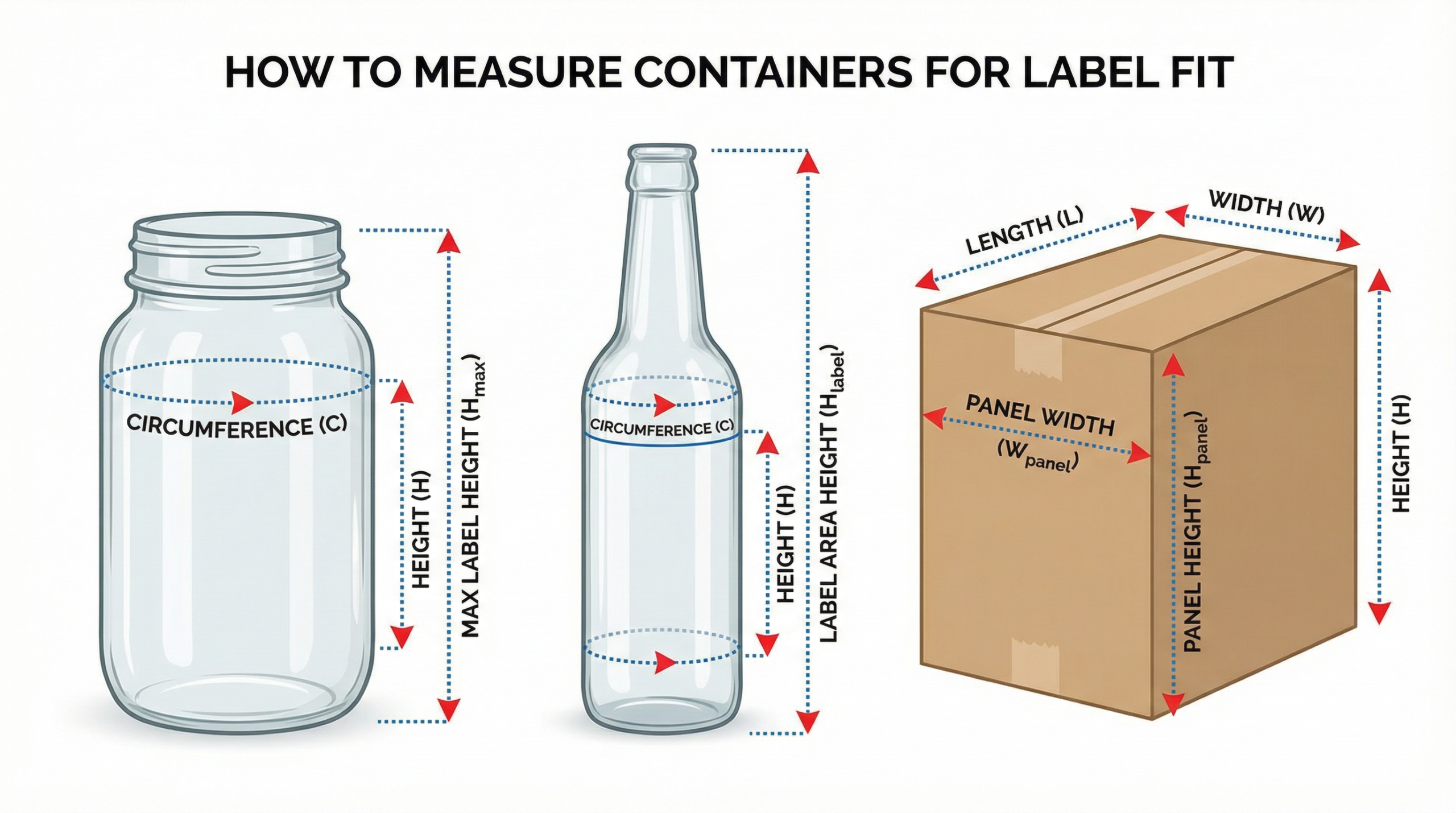 Diagram showing how to measure jars, bottles, and boxes for custom product labels.
