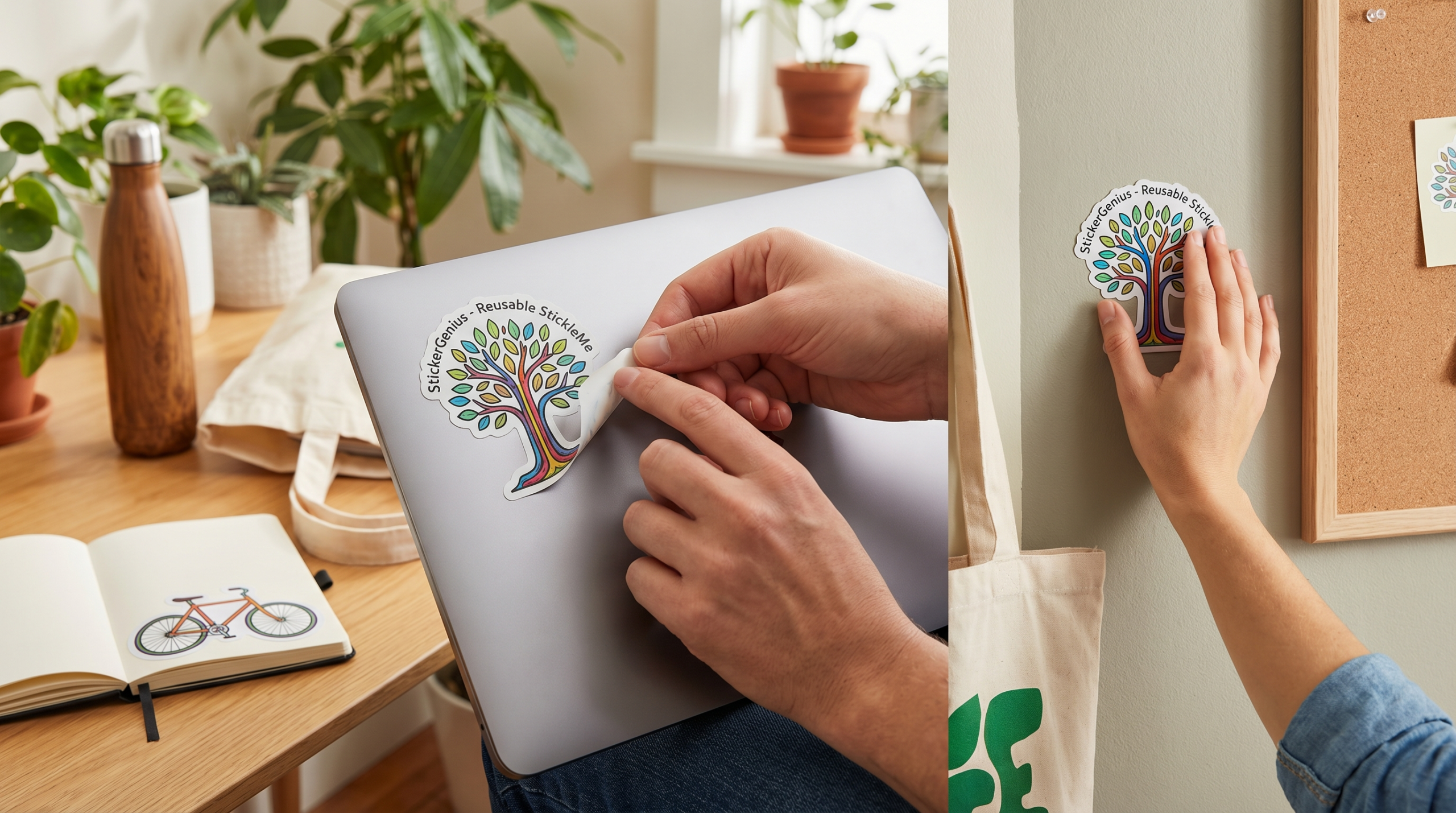 Reusable StickerGenius StickleMe sticker being peeled and repositioned on a laptop.