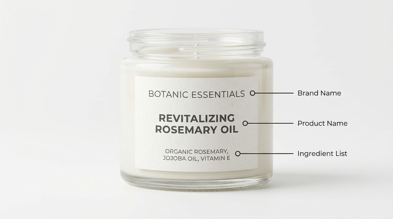 Annotated product label design showing proper branding hierarchy and text placement