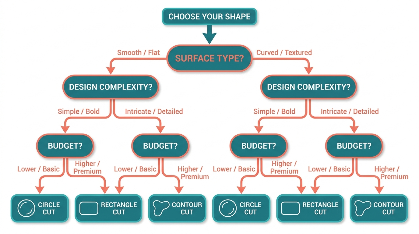 Decision tree flowchart for choosing the best custom sticker shape based on surface, design, budget, and distribution