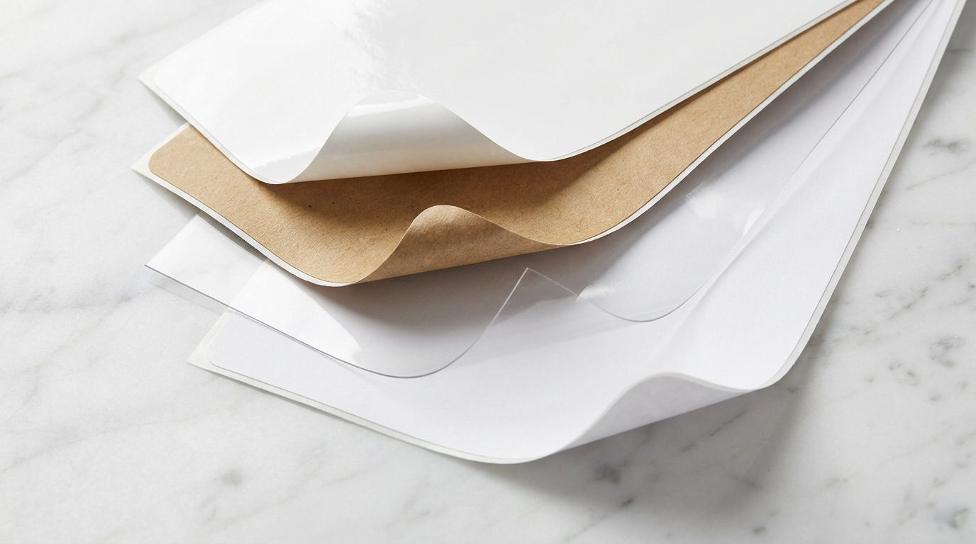 Comparison of product label materials including vinyl, kraft paper, clear, and matte finishes