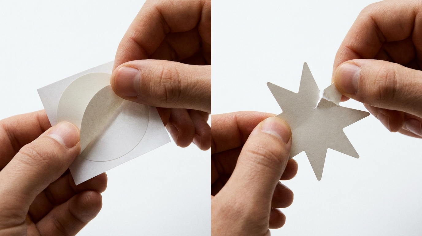 Demonstration of how sticker shape affects ease of peeling from backing sheet