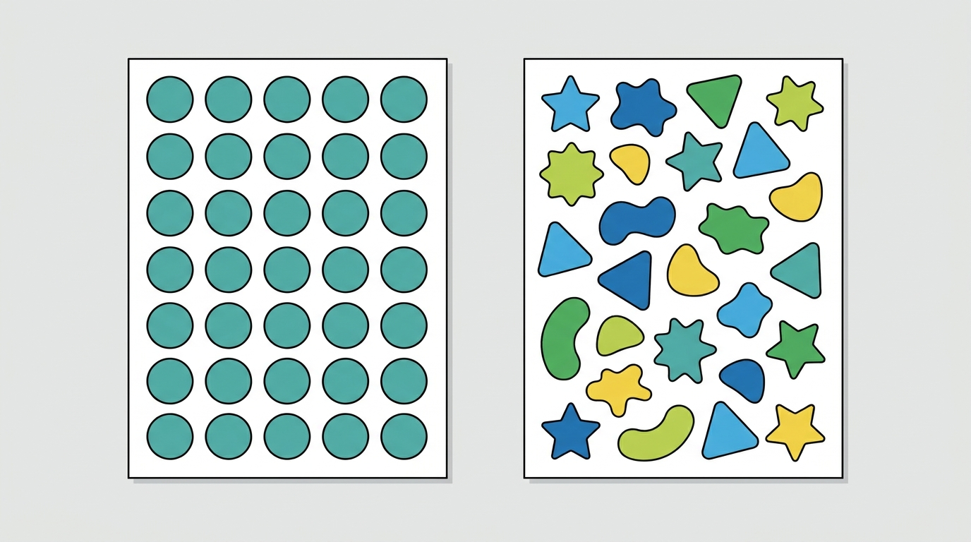 Print sheet layout comparison showing how sticker shape affects material efficiency and cost